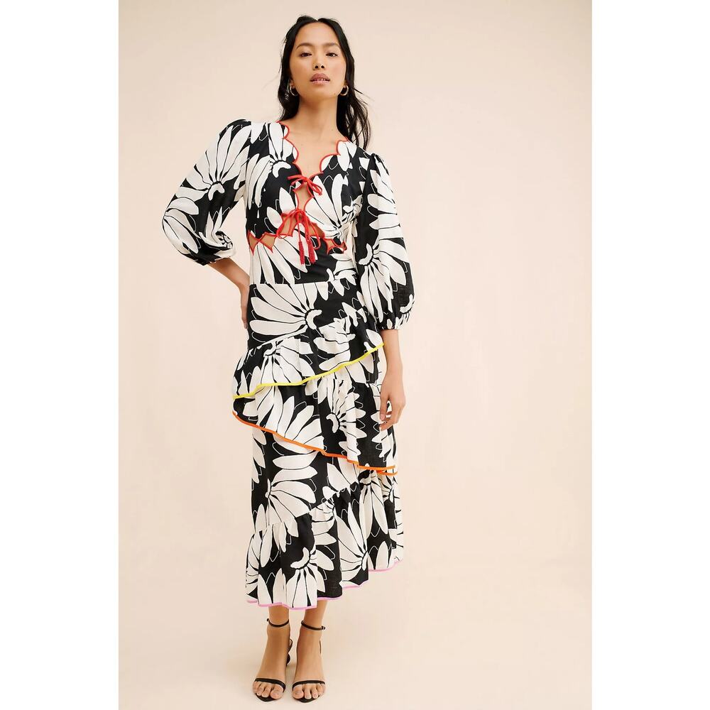 FARM Rio Cutout Tiered Linen Maxi Dress Tropical Boho Sz L